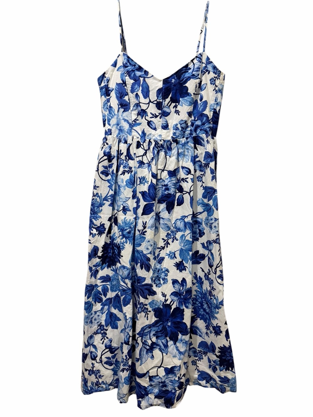 H&M Medium Linen Blend Blue and White Floral Strappy MIDI Sundress B18